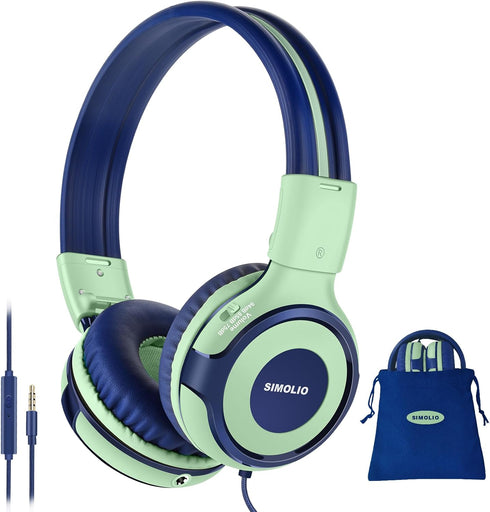SIMOLIO Kids Headphones for School, Safe Volume Limiter with Microphone, Adjustable & Foldable Wired Headsets for