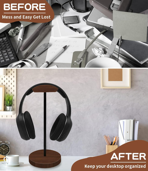 Headphone Holder Stand for Desk, Wood and Metal Gaming Holder with Solid Wooden Base for All Headsets