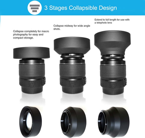 Veatree 67mm Lens Hood Set, Collapsible Rubber with Filter Thread, Reversible Tulip Flower Hood, Center Pinch Cap &