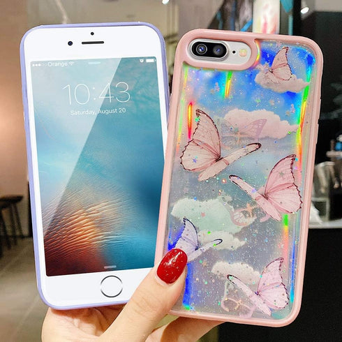 LCHULLE Girly Case for iPhone SE 2022/3rd/SE 2020/2nd, Iridescent Butterfly Design, Soft TPU Bumper