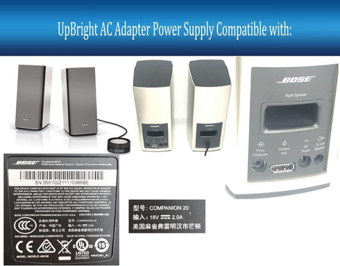 UpBright 18V AC/DC Adapter Compatible with Bose Companion 20 Multimedia Speaker System - Power Supply Charger