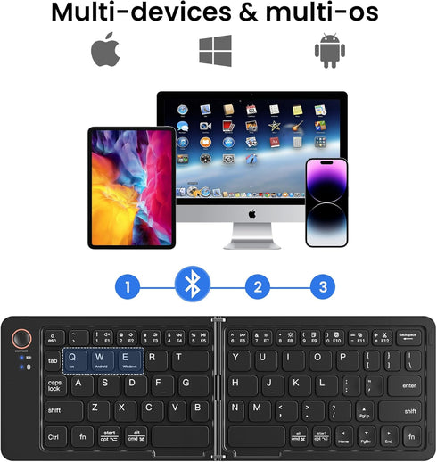 Mini Foldable Bluetooth Keyboard, Portable Wireless Full Size Keyboard (Sync Up to 3 Devices) for iPhone iPad Mac