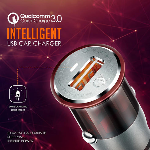 Car Phone Charger, 3A Max Qualcomm QC3.0 Fast Charging Smallest Cigarette Lighter Adapter, for iPhone 14 Pro/13/12/11, Samsung Galaxy S23/S22/S21, Note 20, Google Pixel, Moto