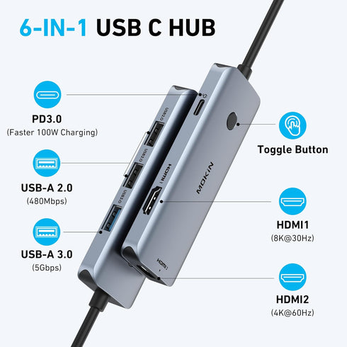 imokin HDMI,3 Docking Station USB C to Dual HDMI Adapter USBC Hub DualHDMI Monitors for Windows,USB C Adapter with Dual