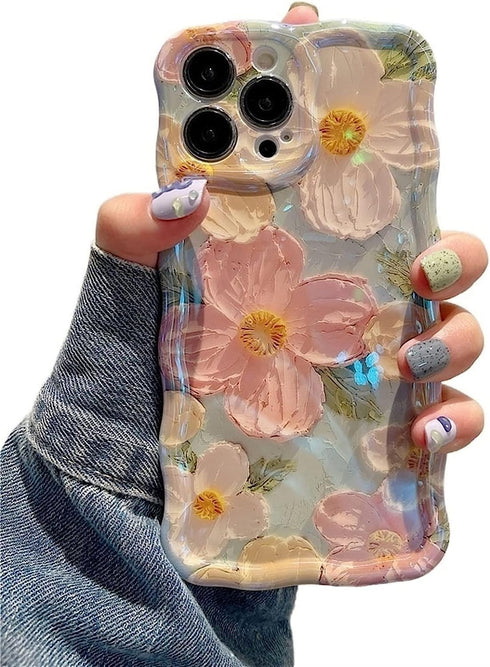 EYZUTAK iPhone 14 Pro Max Case - Colorful Retro Flower Print, Glossy TPU, Stylish Curly Wave Edge, Durable Protection -