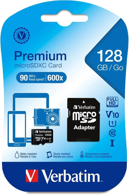 Verbatim 128GB Premium microSDXC Memory Card with Adapter, UHS-I Class 10