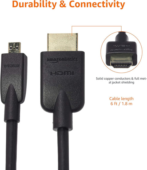 18Gbps 4K@60Hz, 2160p, 48-Bit 6 Amazon Basics Micro HDMI to HDMI Cable, High-Speed, Color, Ethernet Ready, Foot, Black