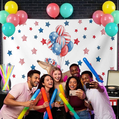Generic 12 8 Independence Day Photo Backdrop for Photoshoot, x FT Flag Day Sausage Dog Blue Red Star Balloon Photo