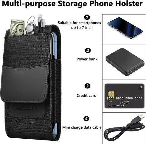 Samsung, Motorola, iPhone 15 Phone Holster - Large Nylon Belt Holster for EDC, Tactical Cases, Work, Hiking, Camping.