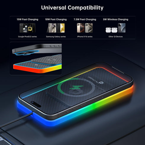 REESTECQI 15W iPhone16/15/14/13/12, (30CM+ 70CM Wireless Car Charger Pad, RGB Wireless Charger for Car Type C Non Slip