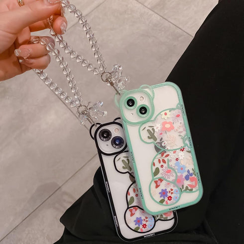 iPhone XR Case with Cute Flowers Bear Pattern, Clear Case and Lovely Strap Bracelet Chain for Girls Women, Compatible