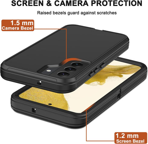 Samsung Galaxy S22 Heavy Duty Case with Belt Clip Holster, 2X Screen Protector, Rugged Military Grade Protection (Black)