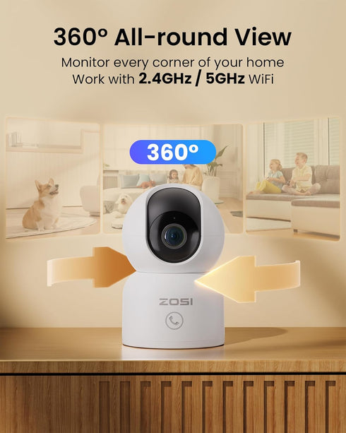 ZOSI C518 4MP Monitor,2.4G/5G Detection,2 Indoor Pan/Tilt Smart Home Security Camera for Pet Dog Baby Dual-Band Plug