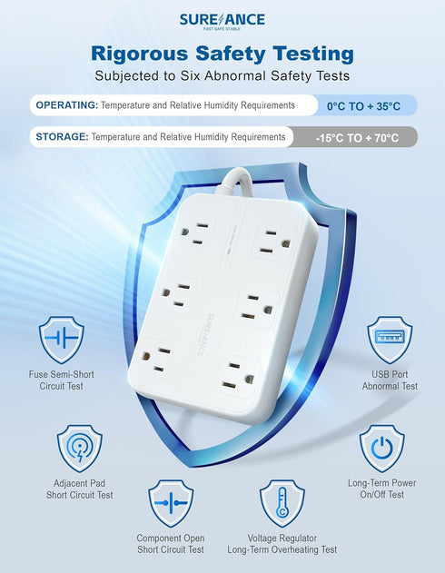 Surge Protector Power Strip - 6 Outlets, 3 USB-A, 1 USB-C, 1050J, 6FT Flat Plug Extension Cord, ETL Certified