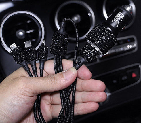 Bling Car Charger Accessories Set, Rhinestone Dual USB Car Chargers + Bling 3 in 1 Charging Cable for Girls