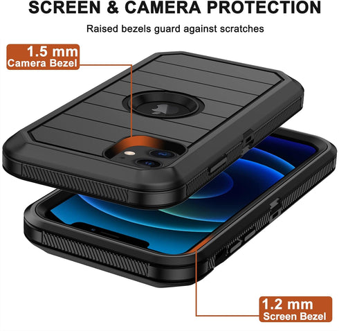 iPhone 12/12 Pro Case - Heavy Duty Rugged Cover with Belt Clip Holster & 2X Screen Protector (Black B)
