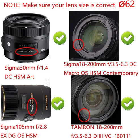 Camera Lens Cap (62mm) for TAMRON 18-200mm, NIKKOR 60mm 105mm f/2.8G, Sony CX900E AX100E w/ E18-200LEII E10-18 (3 Pack)
