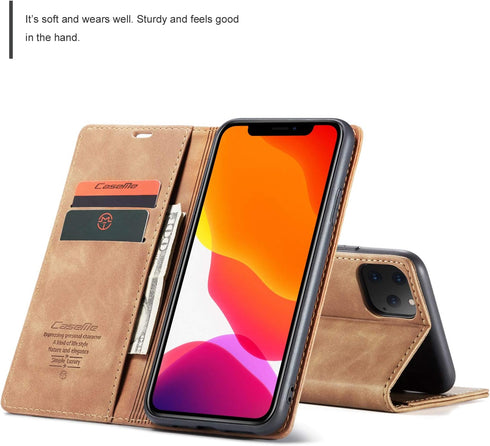 SINIANL iPhone 11 Pro Max Leather Case Book Folding Flip Case with Kickstand and Credit Card Slot, Brown