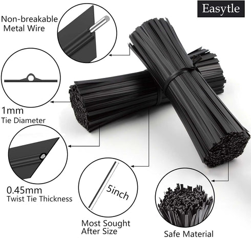 400 Pcs Twist Ties for Bags - 5" Reusable Black Plastic Coated Heavy Duty Twist Ties