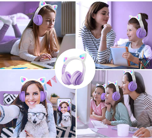 Kids Bluetooth Headphones, Wireless Over-Ear Headphones with Microphone, Cat Ear Design for Girls, Purple