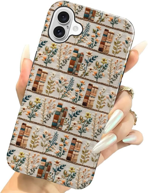Generic 16,Embroidery Case for iPhone Floral Bookshelf Phone Case Slim Silicone Shockproof Cover for Girls WomenGlossy