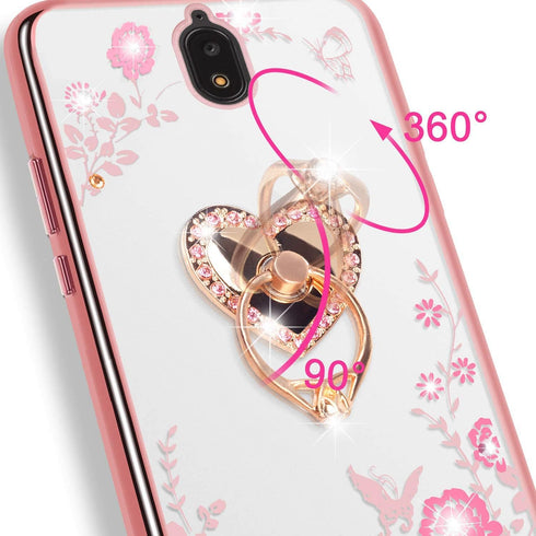 B-wishy for Blu View 2 Case, Glitter Crystal Butterfly Heart Floral Slim TPU Cover with Kickstand & Strap (Rose Gold)