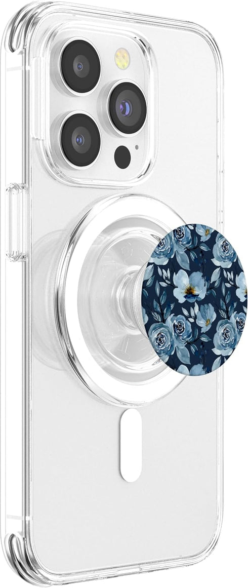 PopSockets PopGrip for MagSafe, Blue Watercolor Flower Pattern.