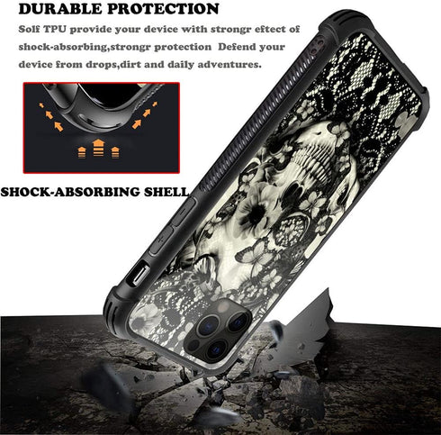 ZHEGAILIAN Victorian Gothic Lace Skull Case for iPhone 13 Pro Max, Tempered Glass Back + Soft Silicone TPU Protection