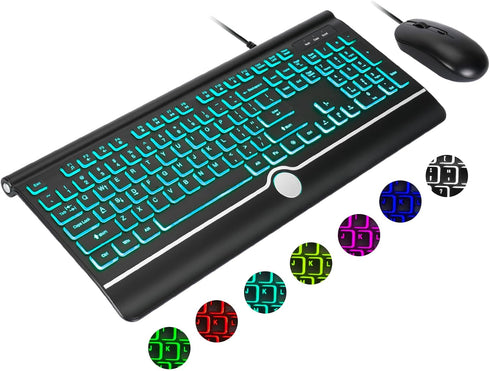 HeengYanson 7-Color Wired Keyboard and Mouse Combo, Backlit Computer Keyboards with Wrist Rest, Light Up Keyboard Easy