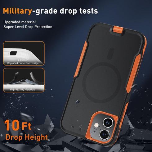iPhone 11 Magnetic Case with Tempered Glass Screen Protector & Camera Lens Protector - MagSafe Compatible (Black/Orange)