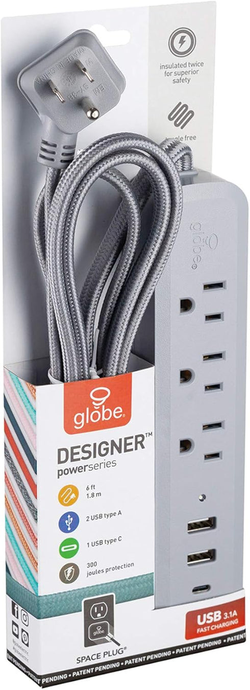Globe Electric 6-ft 3-Outlet USB Surge Protector Power Strip, 2x USB-A, 1x USB-C, Right Angle Plug, Gray