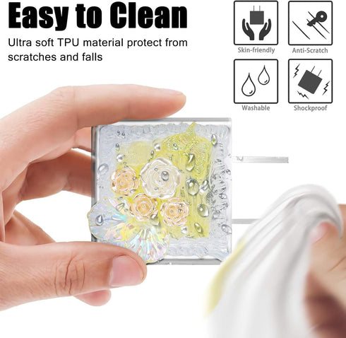 Glitter Cable Protector for iPhone Charger Adapter - Bling Cute Pearl Butterfly Flower Design, Yellow USB Case Cord