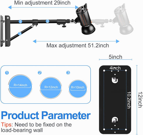 EMART Adjustable Ring Light Wall Mount Boom Arm, 51 in/130cm Overhead Light Stand for Camera, Photography Lighting