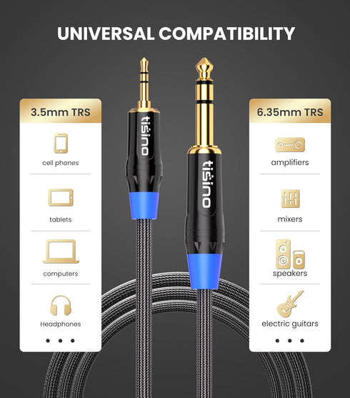 tisino 1/8 to 1/4 Stereo Audio Cable, 3.5mm to 1/4 Adapter Aux Cord for Guitar, Keyboard, Laptop, Speaker, 6ft