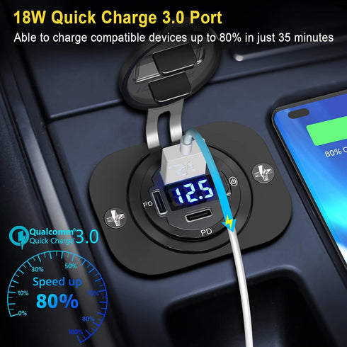 USB C Car Charger Socket, 12V USB Outlet 2 Pack, Aluminum Metal 78W Dual USB-C PD 30W and 18W QC3.0