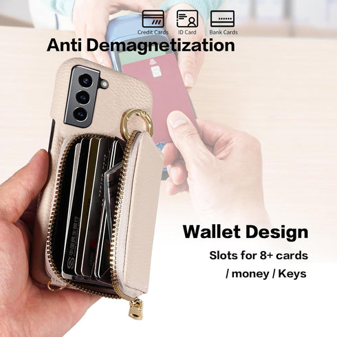 Furiet Wallet Case for Samsung Galaxy S21 5G, Shoulder Strap Ring Buckle, Luxury PU Leather Zipper Flip Organ Purse