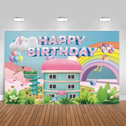 YTHKJS 5 * 3FT Rainbow Dollhouse Birthday Party Backdrop Decorations,Rainbow Dollhouse Theme Party
