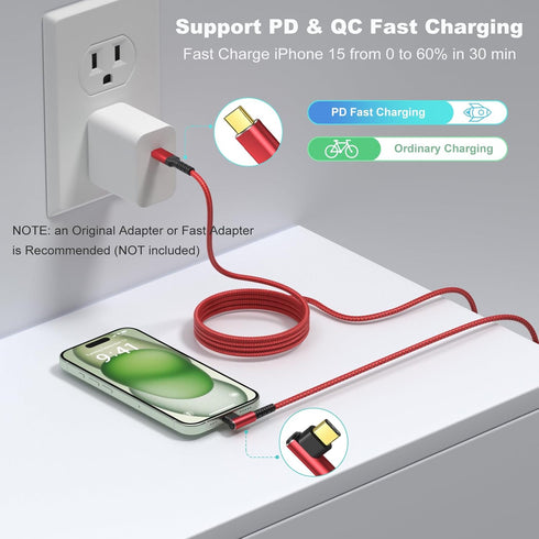 OKRAY USB C Cable 2-Pack, 10ft iPhone 15 Charger Cord, USB-C to C 90 Degree Right Angle, 60W Fast Charging (Red)