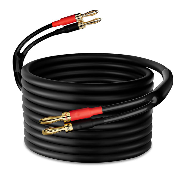 Speaker Cable Wire 30 Ft - Gold-Plated Banana Tip Plugs, UL CL3 Rated, Flexible 16 AWG Gauge Tinned Copper