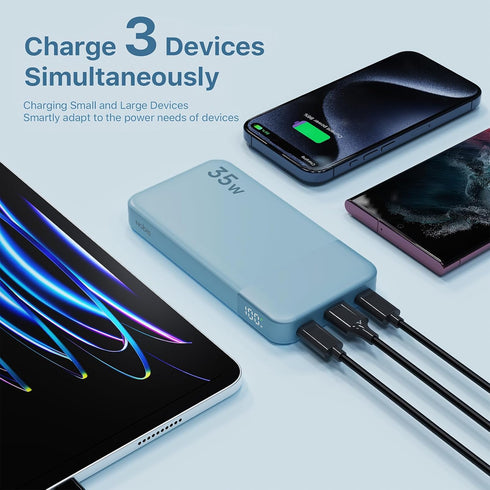 NOBIS Portable Charger 10000mAh, 35W Fast Charging Power Bank with C to C Cable for iPhone, iPad, Samsung (Blue)
