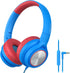 LORELEI E7 Kids Headphones with Microphone, On-Ear Wired Headset for Children, 85/94dB Safe Volume, Foldable (Blue&Red)