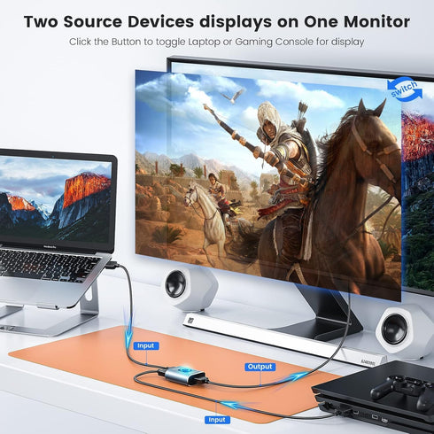 SCSXGO 4k@60hz 2 1 PS5/4/3 HDMI Switch Splitter, Aluminum Bidirectional HDMI Switcher in Out, Manual HDMI Hub Supports