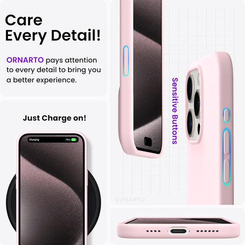 ORNARTO iPhone 15 Pro Max Case 6.7" - Slim Shockproof Soft Gel Rubber with Anti-Scratch Microfiber Lining - Chalk Pink
