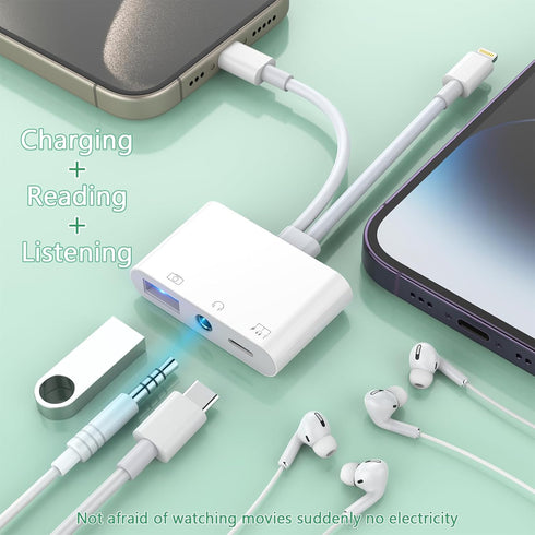 Lightning + USB C to Aux Audio Headphone Jack Adapter, Multi USB OTG Camera Adapter for iPhone 15/14/13