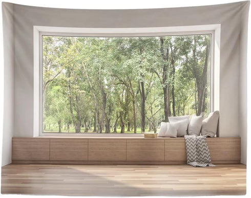 BELECO 7x5ft Fabric Modern Living Room Window Backdrop House Interior Green Forest Trees Scenery Nature Background