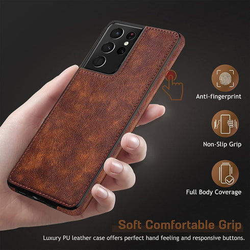 LOHASIC for Galaxy S21 Ultra Case, Premium Leather Luxury Business PU Non-Slip Grip Shockproof Cover - Brown