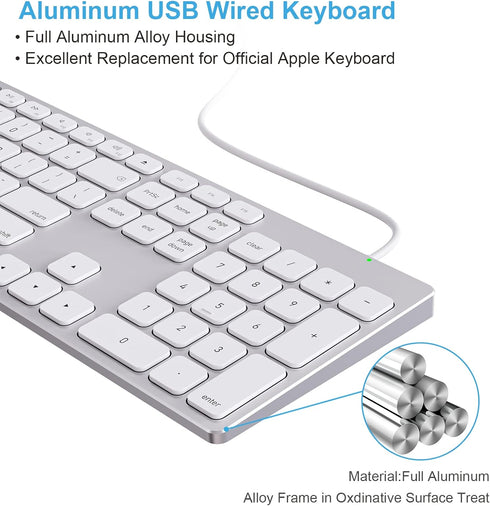 USB Wired Keyboard with Numeric Keypad - Ultra-Slim Aluminum Full Size Computer Keyboard for Mac Pro, MacBook Pro/Air,