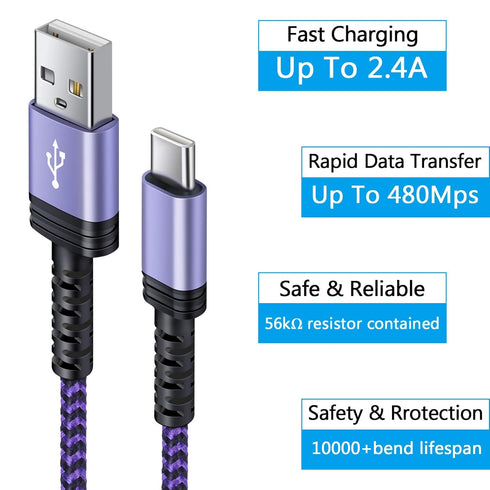 Fast Charging C Charger Cable 4-Pack for Samsung Galaxy S24+, S23 Ultra, Note 21/20, Google Pixel 5, and more.
