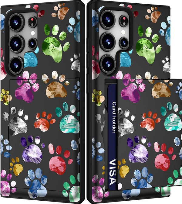 Cute Samsung Galaxy S24 Ultra Case with Card Holder, Slim Wallet Phone Case for Women, Colorful Doodle Paws Design