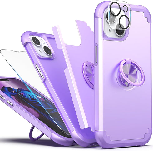 IDweel for iPhone 13 Case with Screen Protector + 360°Ring Holder Stand + Camera Lens Protector,2 in 1 Shockproof Slim Fit Hybrid Heavy Duty Hard PC Cover Soft Silicone Bumper Full Body Case,Purple